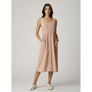 Stela 9 Revolve Dress Peach Pink Midi | Linen Pinstripe Button Front Summer Chic